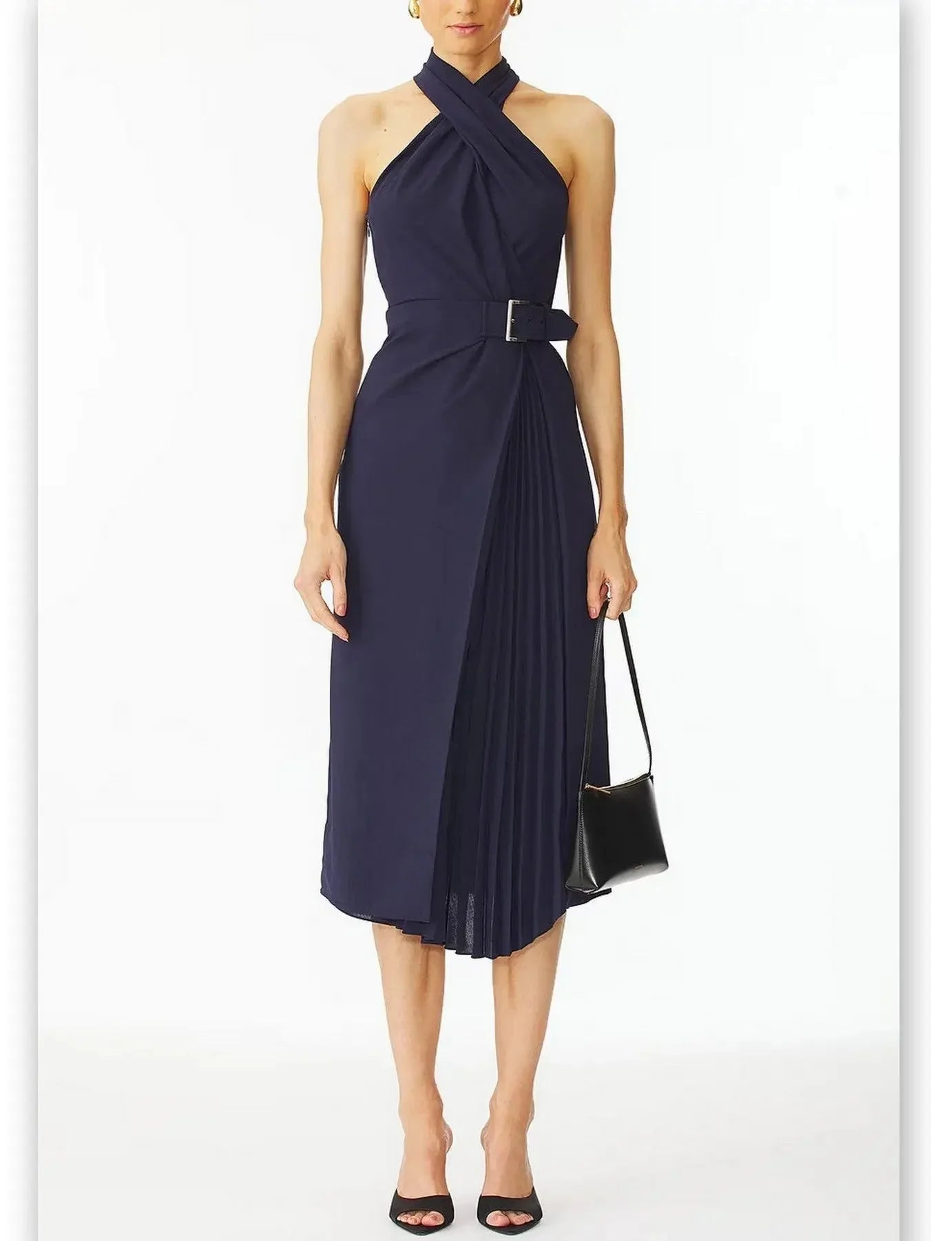 Belted Halter-Neck Pleated-Panel Midi Dress in Navy - Dresses