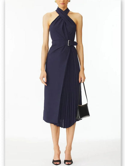 Belted Halter-Neck Pleated-Panel Midi Dress in Navy - Dresses