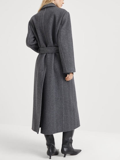 Belted Herringbone Pattern Long Wool Coat - Coats