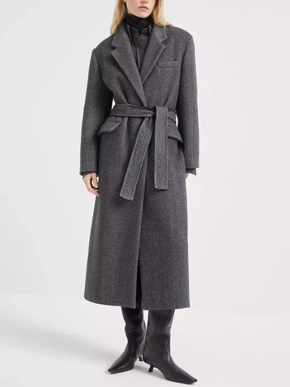 Belted Herringbone Pattern Long Wool Coat - Coats