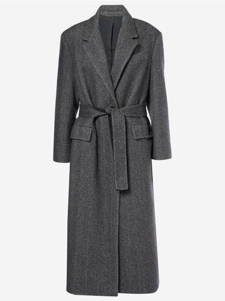 Belted Herringbone Pattern Long Wool Coat - Coats