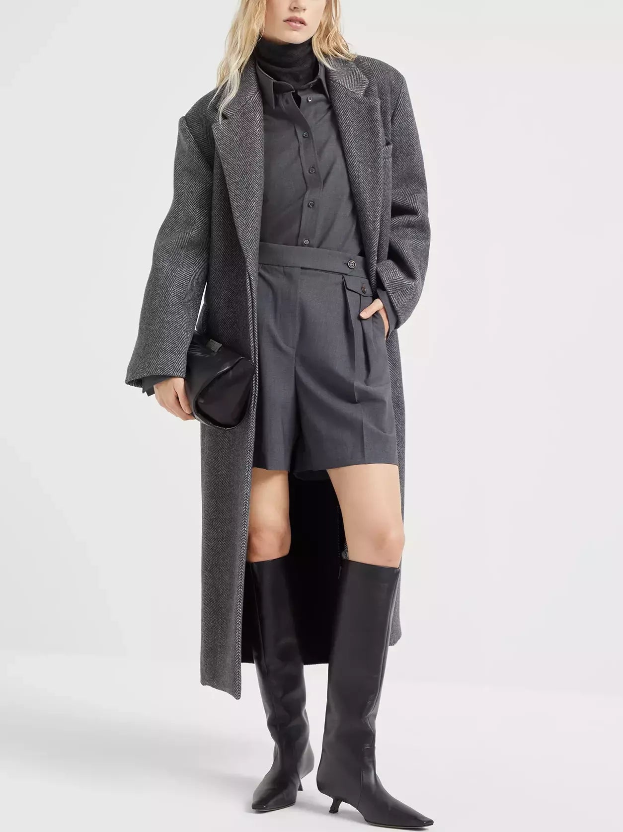 Belted Herringbone Pattern Long Wool Coat - Coats