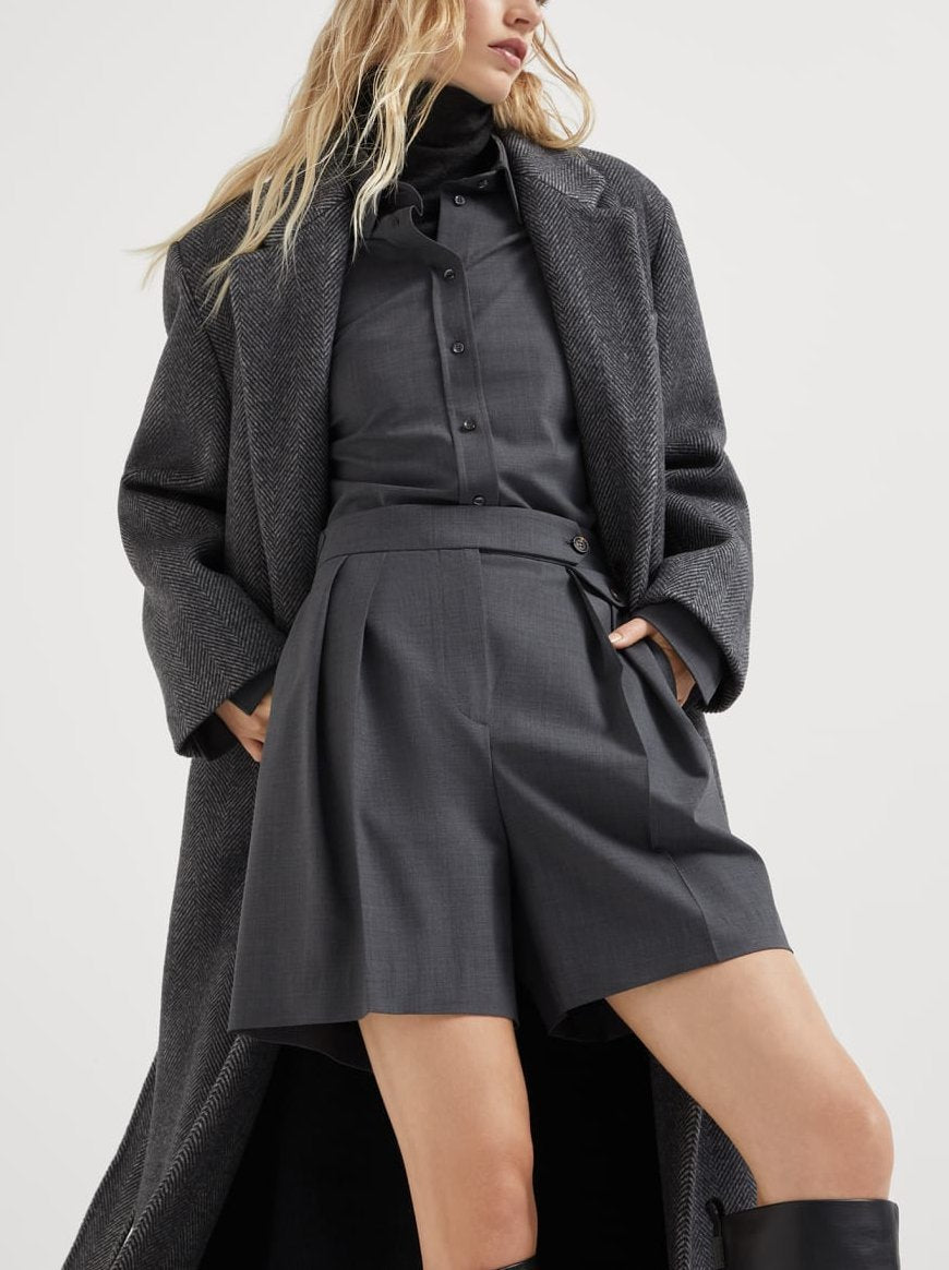 Belted Herringbone Pattern Long Wool Coat - Coats