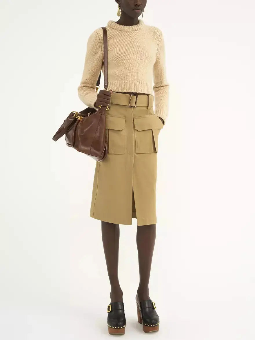 Belted Hidden-Button-Closure Cargo Skirt - Skirts