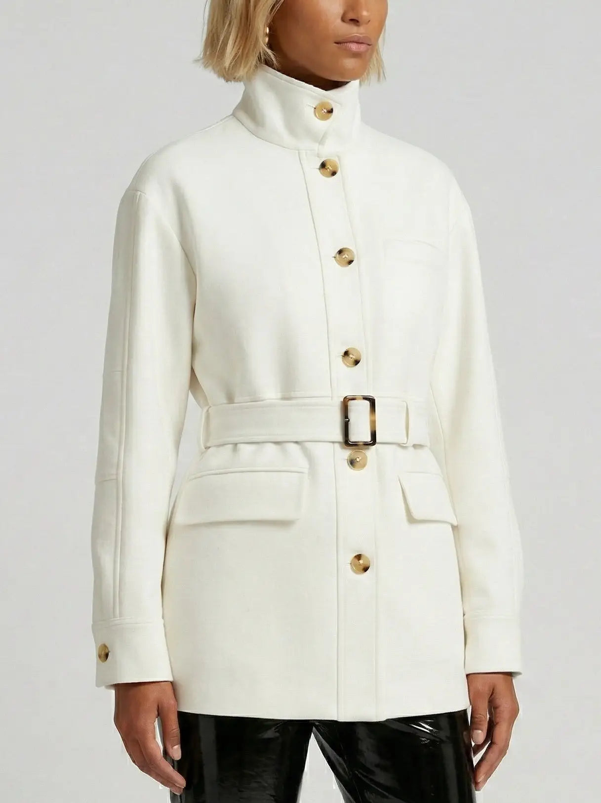 Belted High-Neck Twill Jacket in Ivory - Jackets