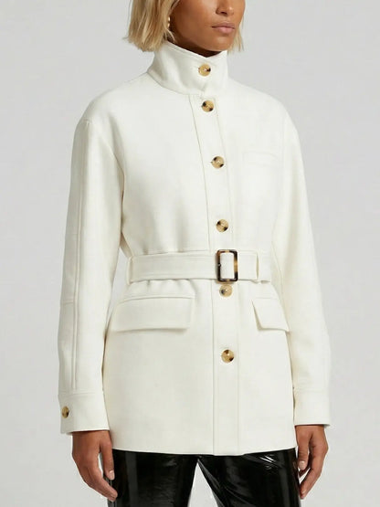 Belted High-Neck Twill Jacket in Ivory - Jackets