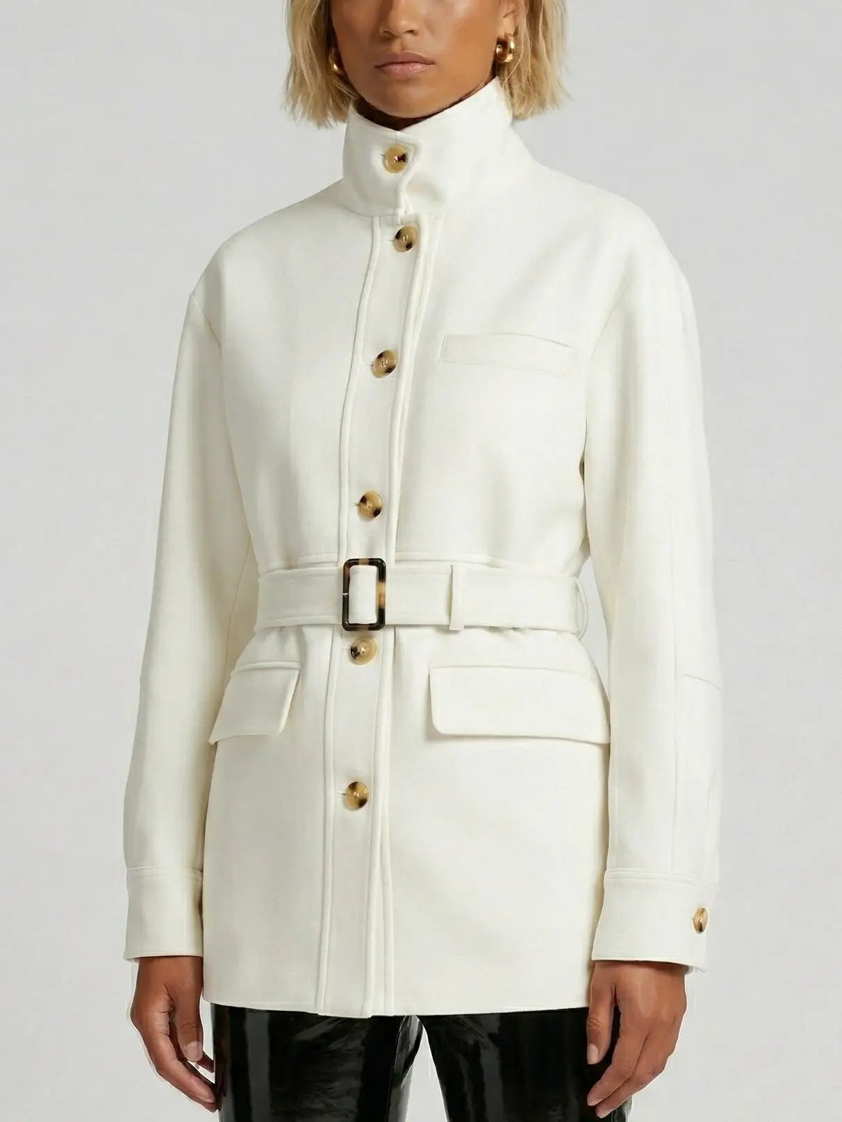 Belted High-Neck Twill Jacket in Ivory - Jackets