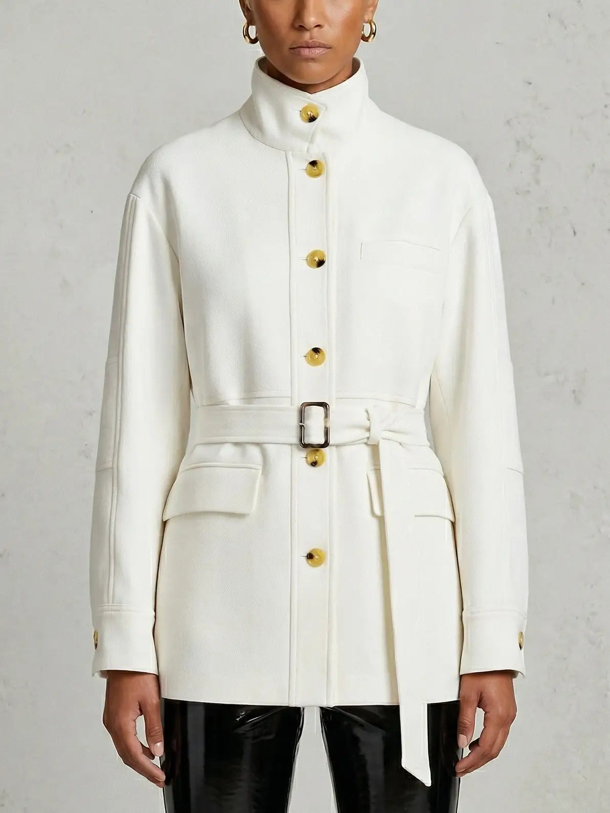 Belted High-Neck Twill Jacket in Ivory - Jackets