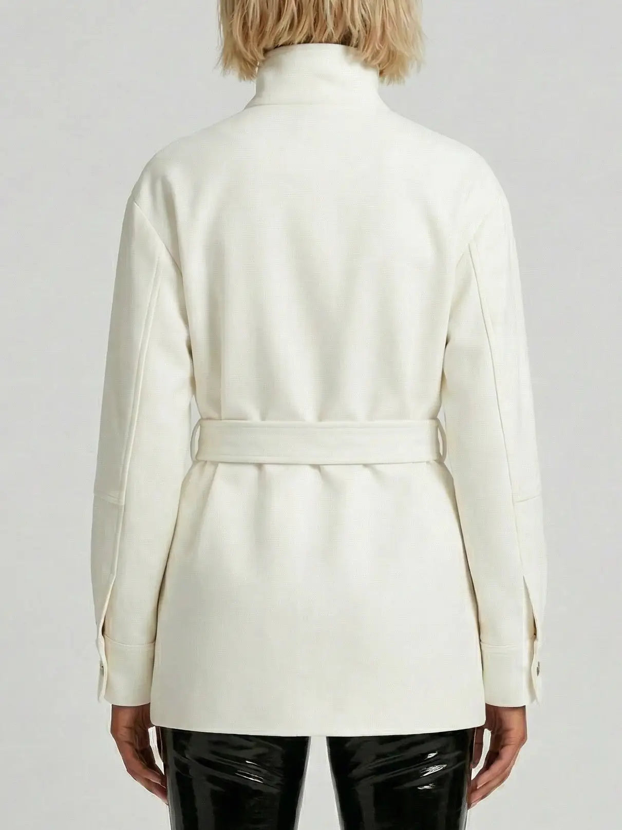 Belted High-Neck Twill Jacket in Ivory - Jackets
