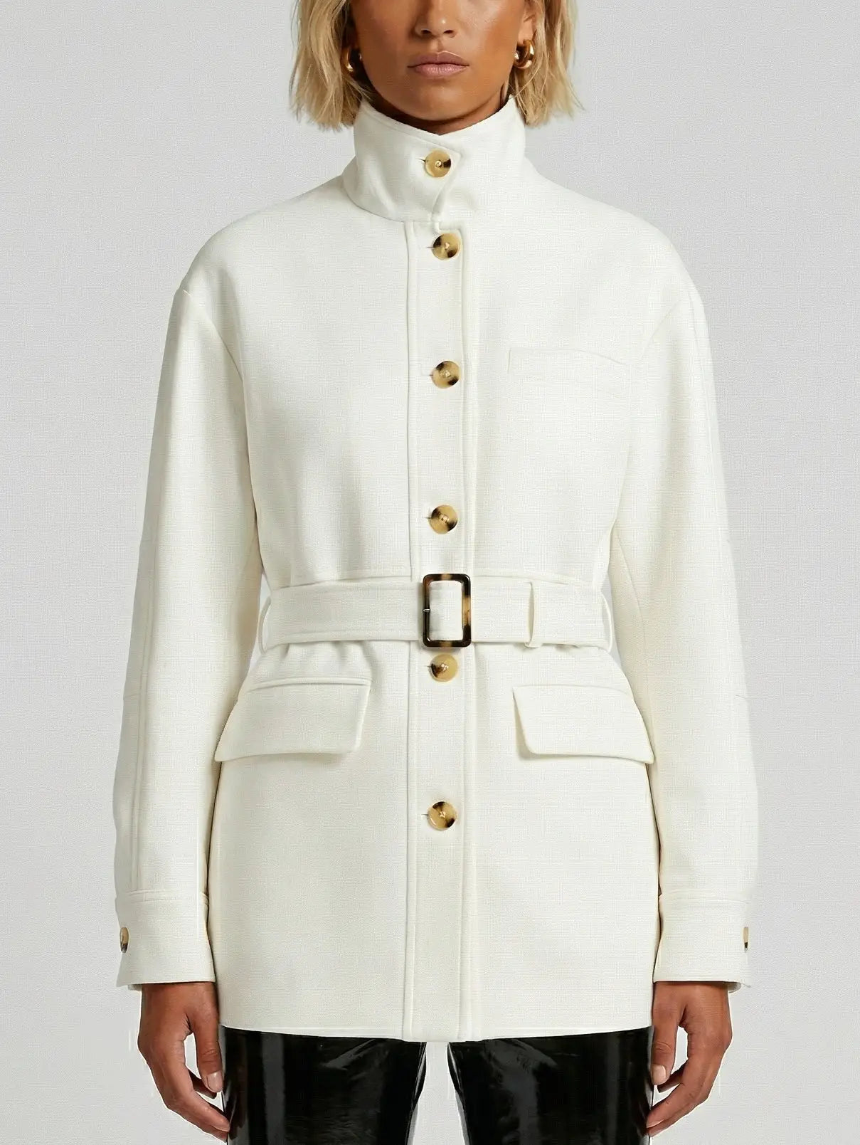 Belted High-Neck Twill Jacket in Ivory - Small - Jackets