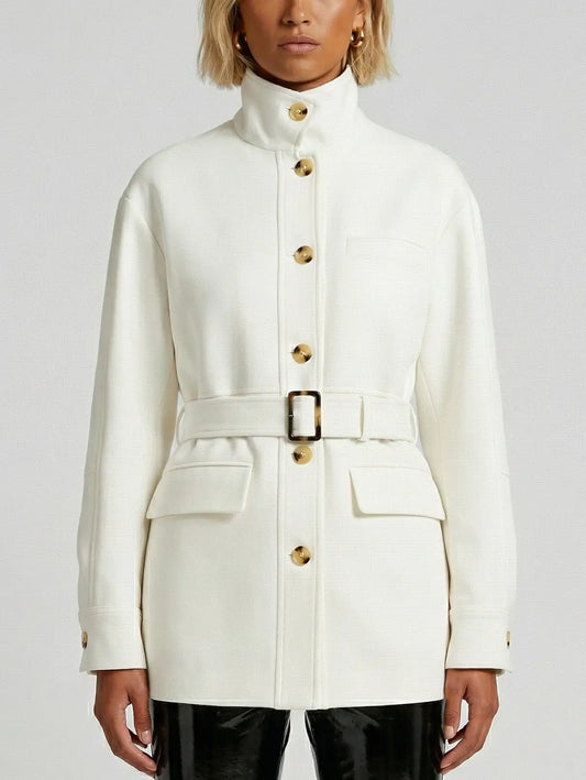 Belted High-Neck Twill Jacket in Ivory - Small - Jackets