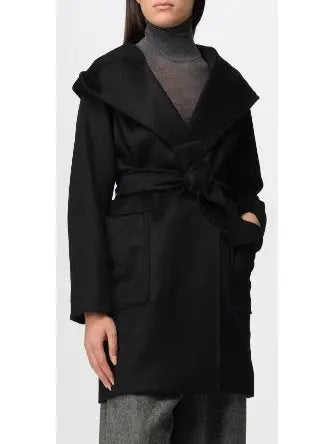 Belted Hooded Midi Coat in Black - Coats