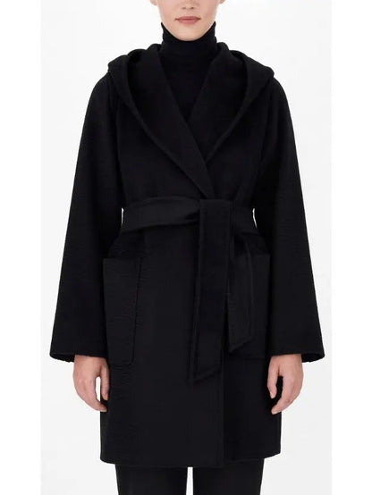 Belted Hooded Midi Coat in Black - Coats