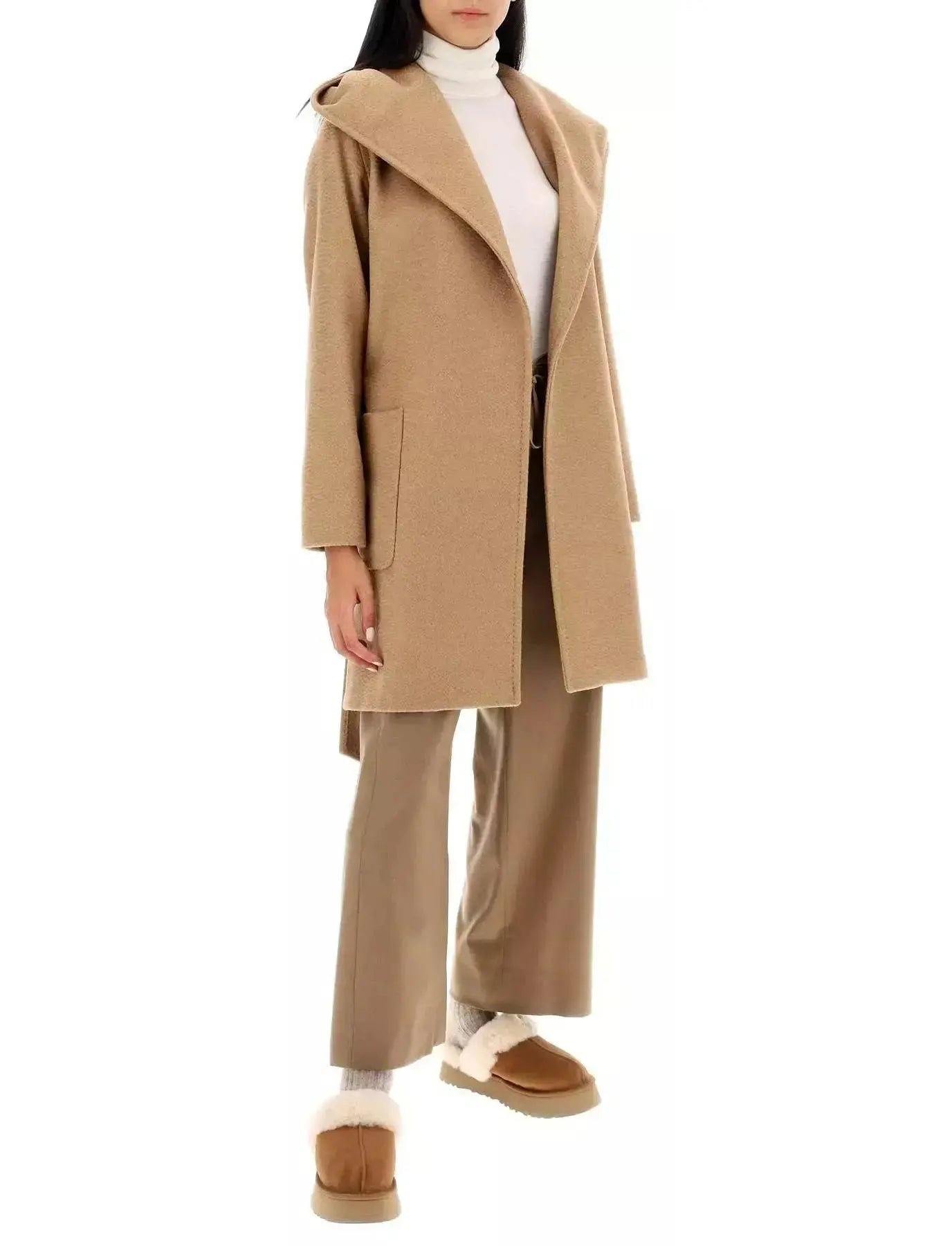 Belted Hooded Midi Coat in Camel - Coats