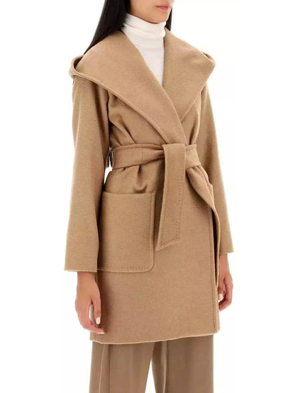 Belted Hooded Midi Coat in Camel - Coats