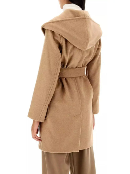 Belted Hooded Midi Coat in Camel - Coats