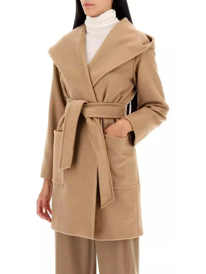 Belted Hooded Midi Coat in Camel - Coats