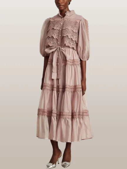 Belted Lace-Tiered Paneled Midi Dress - Dresses