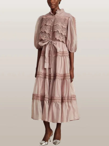 Belted Lace-Tiered Paneled Midi Dress - Dresses