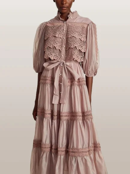 Belted Lace-Tiered Paneled Midi Dress - Dresses