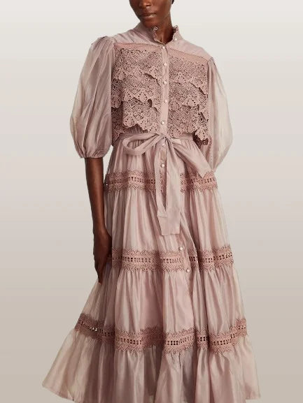 Belted Lace-Tiered Paneled Midi Dress - Dresses