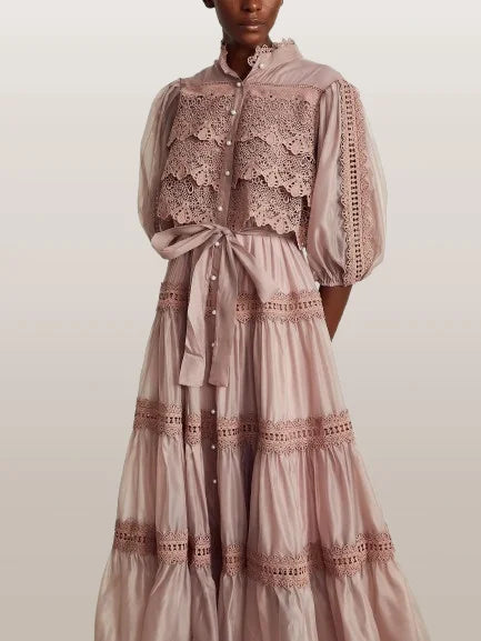Belted Lace-Tiered Paneled Midi Dress - Dresses