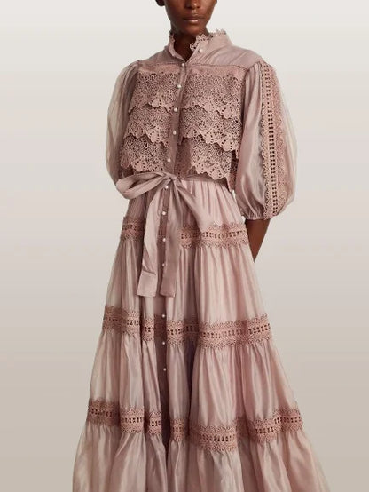 Belted Lace-Tiered Paneled Midi Dress - Dresses