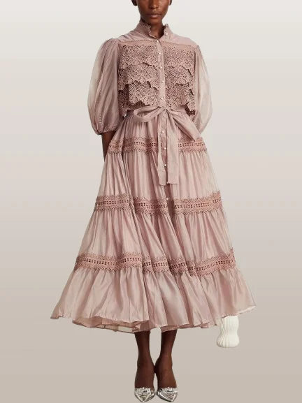 Belted Lace-Tiered Paneled Midi Dress - Dresses