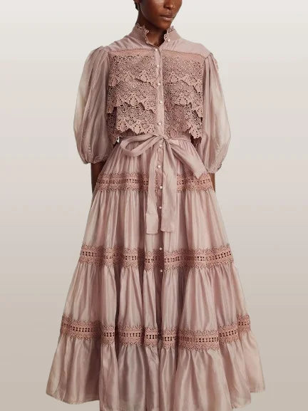 Belted Lace-Tiered Paneled Midi Dress - Dresses