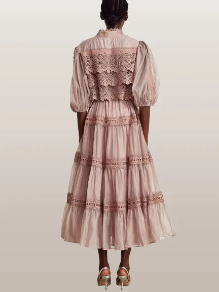 Belted Lace-Tiered Paneled Midi Dress - Dresses