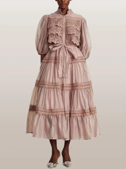 Belted Lace-Tiered Paneled Midi Dress - S - Dresses