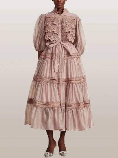 Belted Lace-Tiered Paneled Midi Dress - S - Dresses