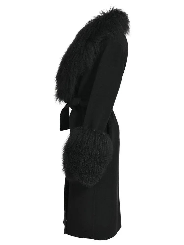 Belted Lambswool/Shearling Wool Cashmere Coat Black - Coats