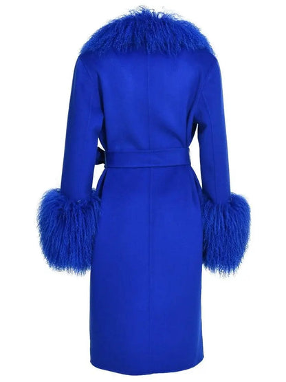 Belted Lambswool/Shearling Wool Cashmere Coat Blue - Coats