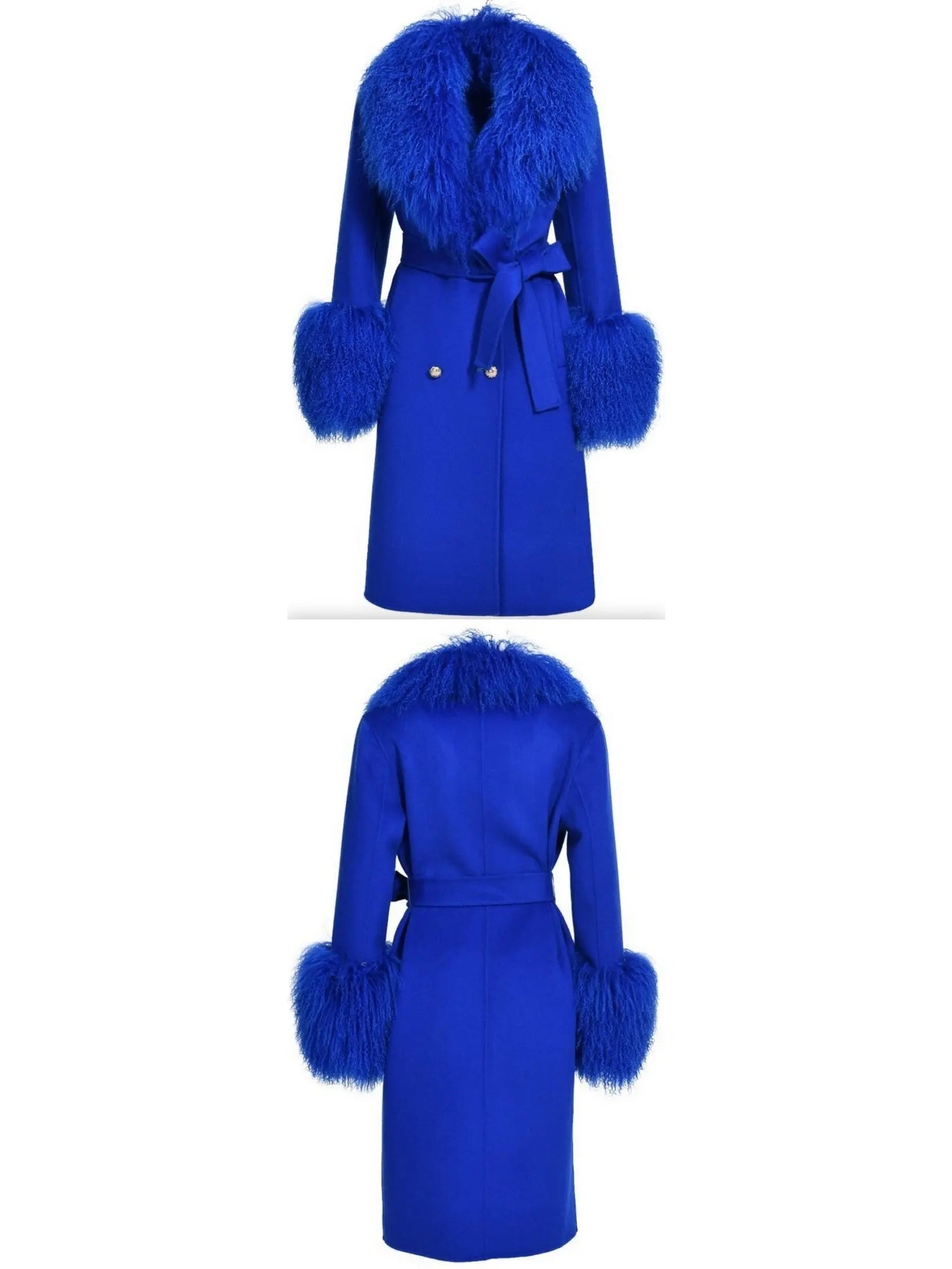 Belted Lambswool/Shearling Wool Cashmere Coat Blue - Coats