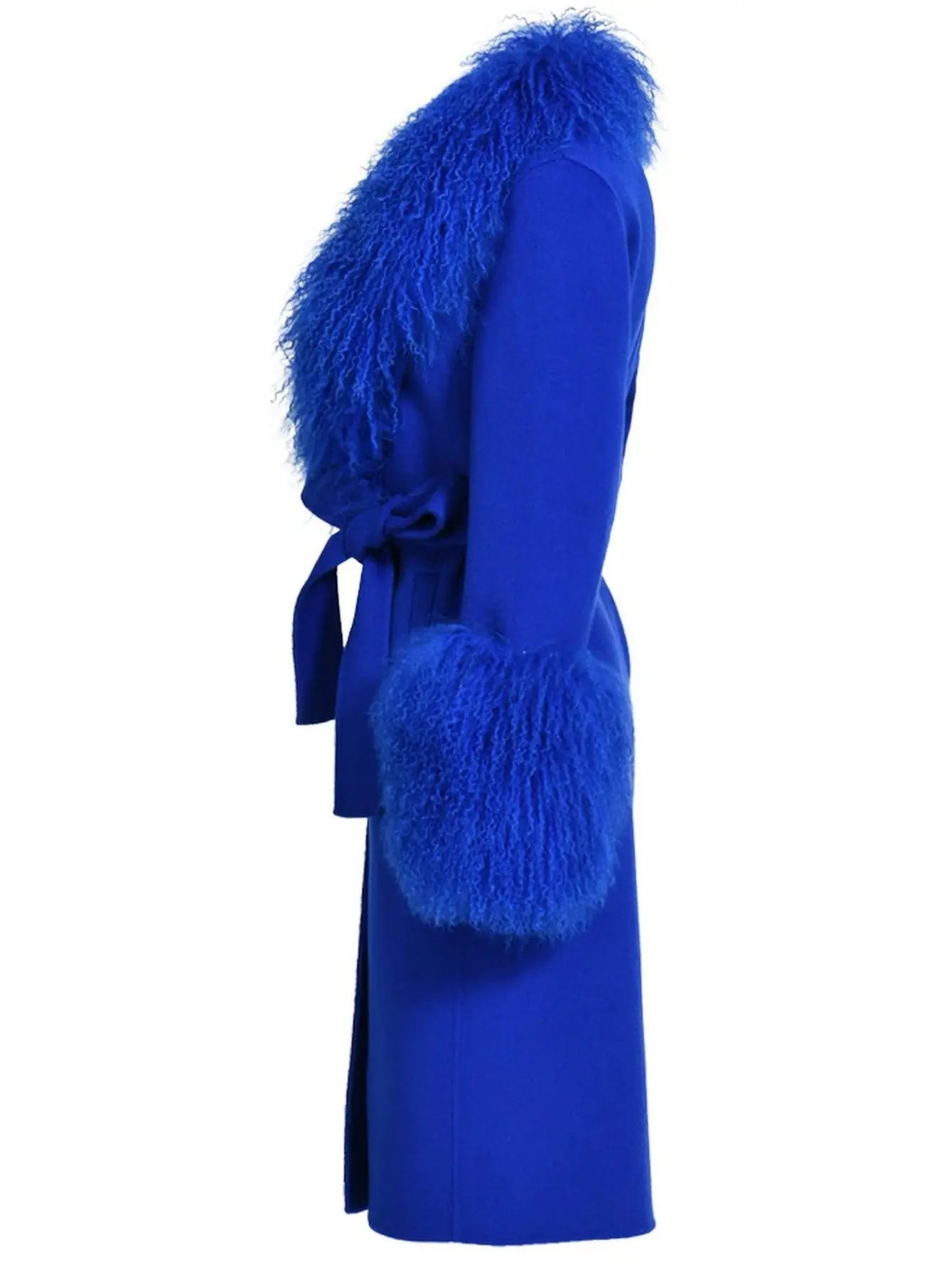 Belted Lambswool/Shearling Wool Cashmere Coat Blue - Coats