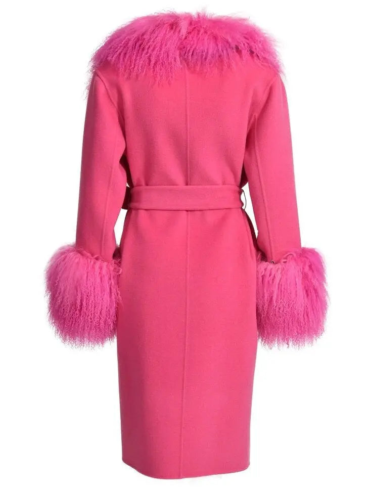 Belted Lambswool/Shearling Wool Cashmere Coat Fuchsia/Pink - Coats