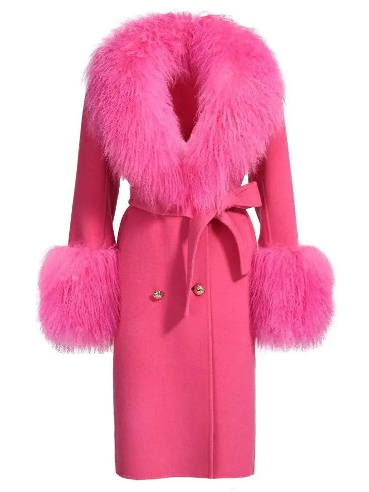 Belted Lambswool/Shearling Wool Cashmere Coat Fuchsia/Pink - Coats