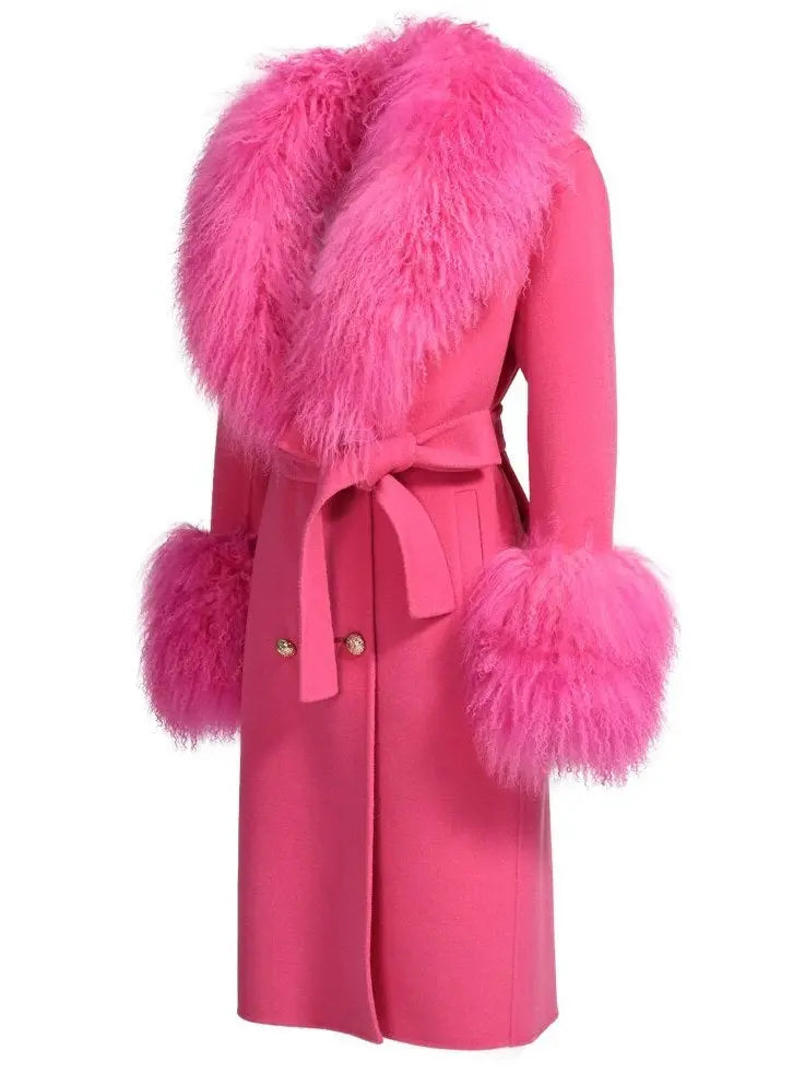 Belted Lambswool/Shearling Wool Cashmere Coat Fuchsia/Pink - Coats