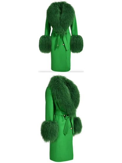 Belted Lambswool/Shearling Wool Cashmere Coat Green - Coats