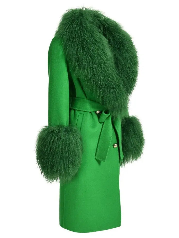 Belted Lambswool/Shearling Wool Cashmere Coat Green - Coats