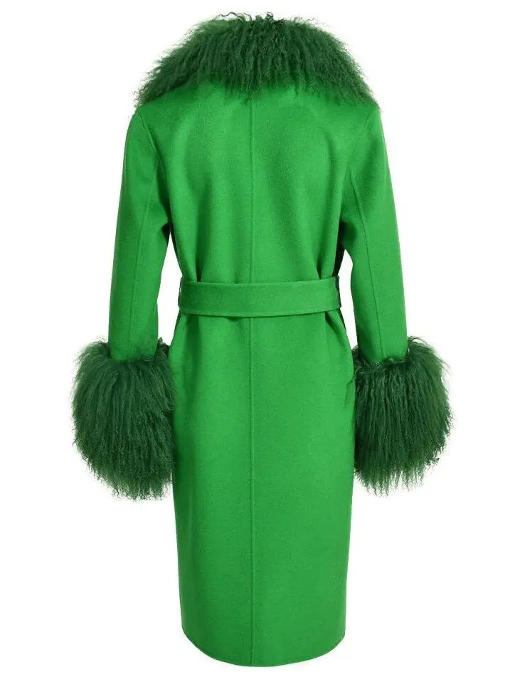 Belted Lambswool/Shearling Wool Cashmere Coat Green - Coats