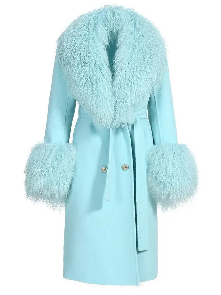 Belted Lambswool/Shearling Wool Cashmere Coat Light Aqua Blue/Mint - Coats