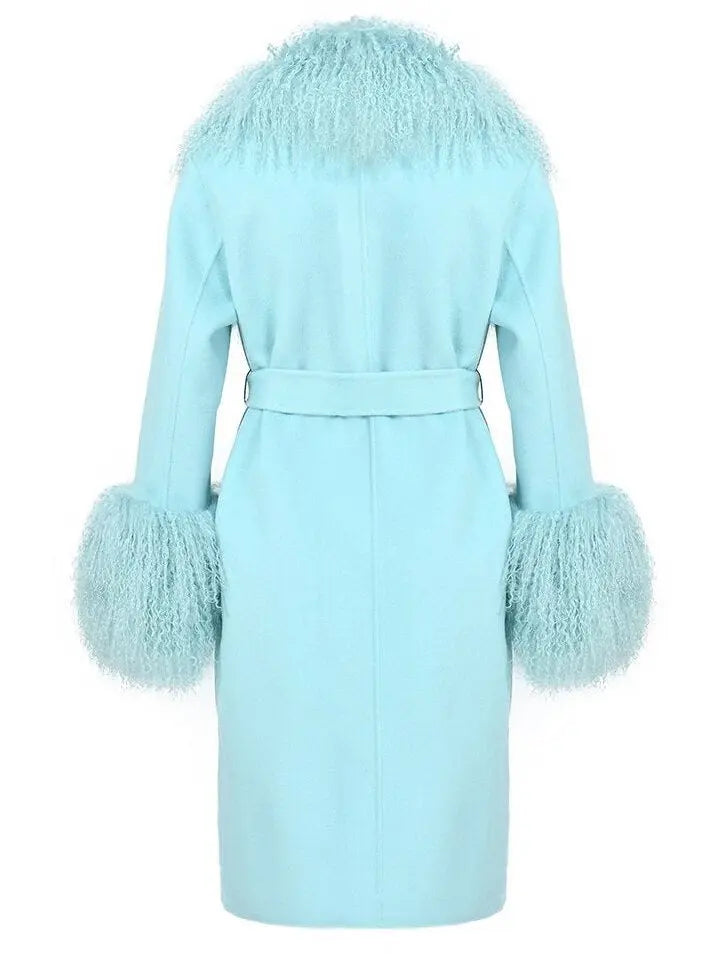 Belted Lambswool/Shearling Wool Cashmere Coat Light Aqua Blue/Mint - Coats