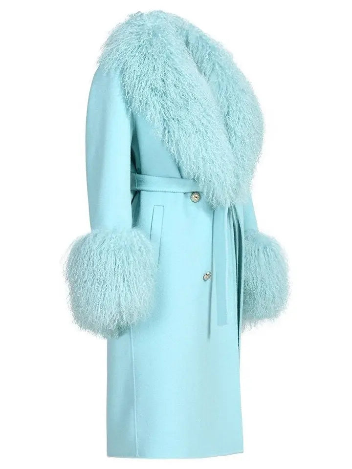 Belted Lambswool/Shearling Wool Cashmere Coat Light Aqua Blue/Mint - Coats