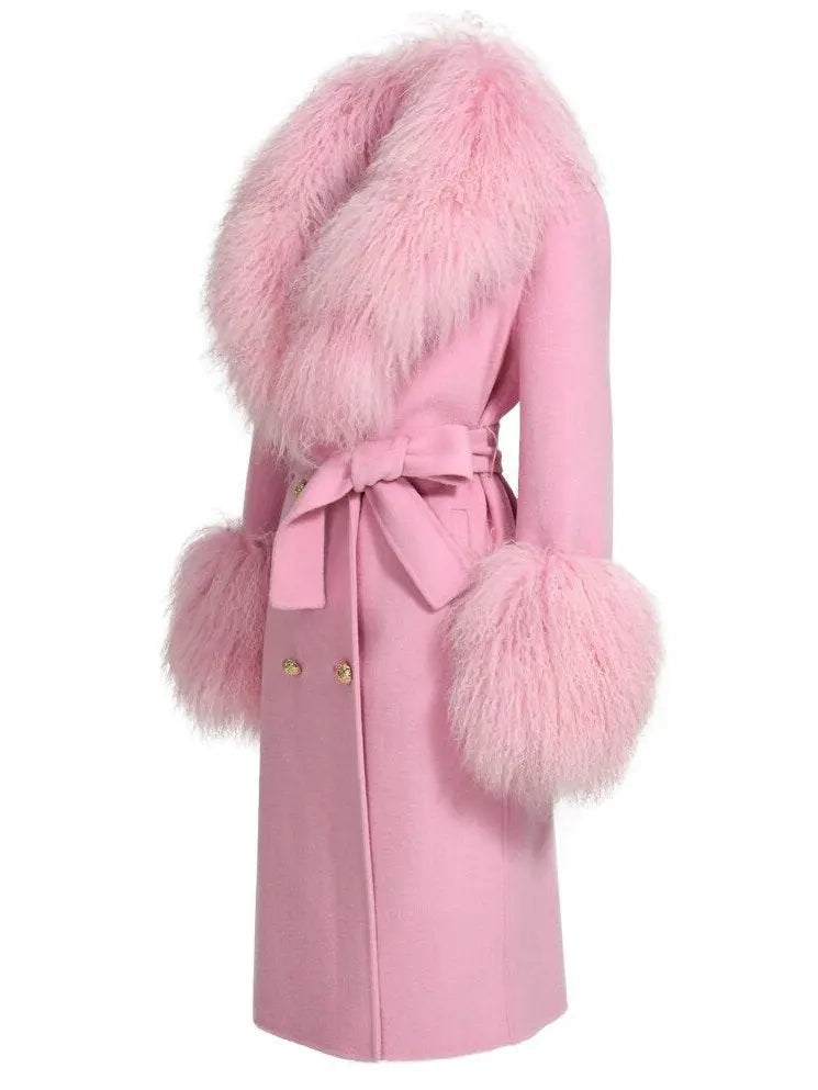 Belted Lambswool/Shearling Wool Cashmere Coat Light Pink - Coats