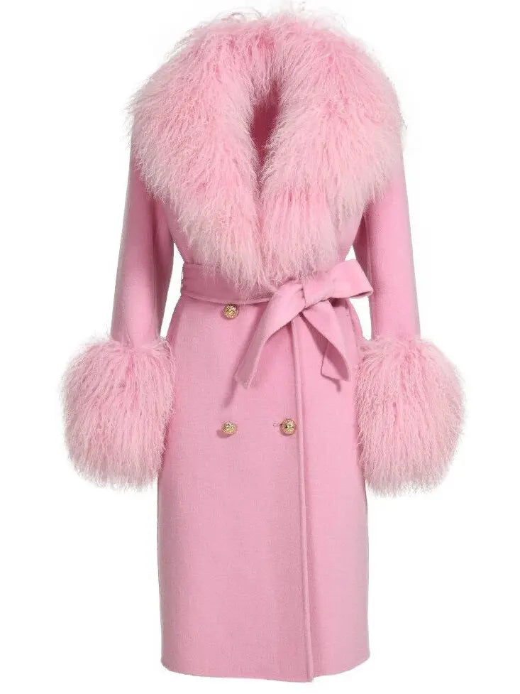 Belted Lambswool/Shearling Wool Cashmere Coat Light Pink - Coats