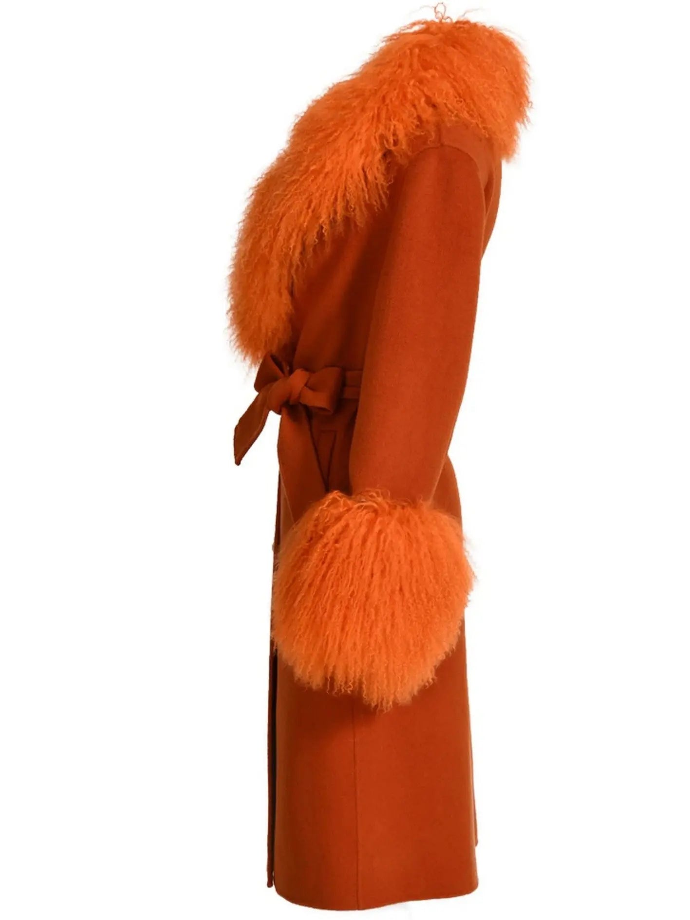 Belted Lambswool/Shearling Wool Cashmere Coat Orange - Coats