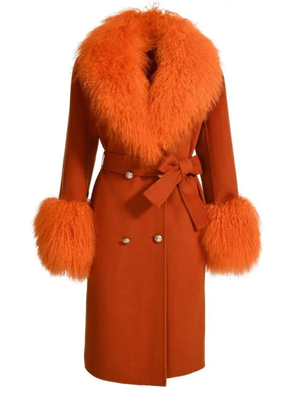 Belted Lambswool/Shearling Wool Cashmere Coat Orange - Coats