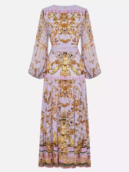 Belted Lavender Silk V-neck Printed Dress - Dresses